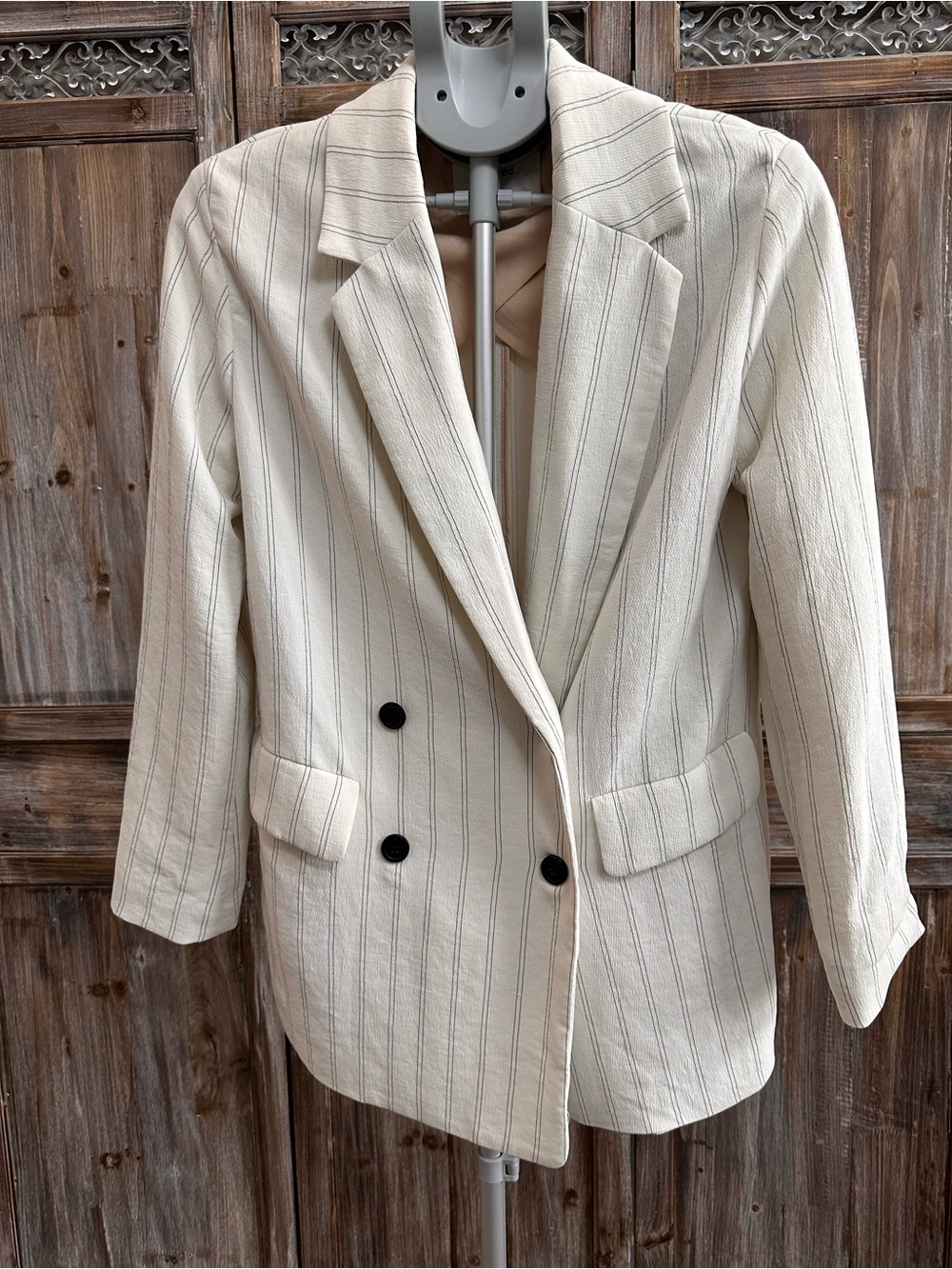Zara Cream Pinstripe Double-Breasted Blazer with Black Buttons